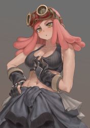 Rule 34 | 1girl, abs, absurdres, bare shoulders, black bra, blush, boku no hero academia, bra, breasts, cleavage, clothes around waist, crosshair pupils, fingerless gloves, gloves, goggles, goggles on head, grey background, hand on own hip, hatsume mei, highres, joshirah, large breasts, long hair, looking at viewer, navel, nose blush, partially fingerless gloves, pink hair, ribbed bra, solo, sports bra, stomach, sweat, symbol-shaped pupils, underwear, yellow eyes