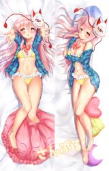 Rule 34 | 1girl, :o, ahoge, bikini, blush, bow, bowtie, bra, breasts, chestnut mouth, cleavage, collarbone, dakimakura (medium), foreshortening, fox mask, frilled bikini, frilled bra, frilled panties, frills, full body, gluteal fold, hata no kokoro, highres, long hair, long sleeves, looking at viewer, lying, mask, mask on head, medium breasts, mogupuchi, multiple views, navel, no pants, off shoulder, on back, on side, open clothes, open shirt, panties, pink bow, pink bowtie, pink hair, plaid, plaid shirt, polka dot, polka dot bikini, polka dot bra, polka dot panties, reaching, reaching towards viewer, red eyes, shirt, stomach, swimsuit, thigh gap, touhou, underwear