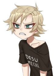 Rule 34 | black shirt, blonde hair, clenched teeth, clothes writing, collarbone, commentary, english commentary, eyes visible through hair, flat chest, frown, green eyes, looking away, original, pun, sharp teeth, shirt, short hair, simple background, t-shirt, teeth, twrlare, upper body, virtual youtuber, white background