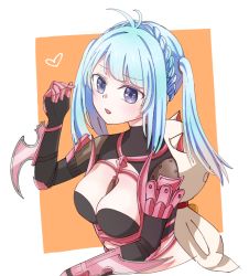 Rule 34 | 1girl, animal bag, arm blade, armor, between breasts, bikini armor, blue hair, blush, braid, breasts, cat bag, chiyu v, cleavage, commentary request, gauntlets, guillotine cross (ragnarok online), heart, long hair, looking at viewer, medium breasts, open mouth, orange background, pauldrons, purple eyes, ragnarok online, red armor, shoulder armor, shrug (clothing), solo, twintails, two-tone background, upper body, weapon, white background