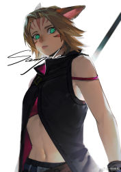 Rule 34 | 1girl, animal ears, artist name, bare shoulders, belt, black gloves, black pants, black vest, blonde hair, cat ears, cat girl, closed mouth, crop top, english text, facial mark, female focus, final fantasy, final fantasy xiv, flat chest, forehead, forehead mark, gloves, green eyes, hair intakes, highres, li geduld, looking to the side, navel, open clothes, open vest, original, pants, red shirt, sample watermark, shirt, short hair, sidelocks, simple background, sleeveless, sleeveless shirt, slit pupils, solo, spaghetti strap, standing, stomach, strap slip, upper body, vest, warrior of light (ff14), watermark, weapon, weapon on back, weibo watermark, whisker markings, white background