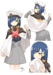 Rule 34 | 10s, 1girl, blue hair, blush, commentary request, darling in the franxx, dated, embarrassed, facing viewer, from behind, green eyes, hair ornament, hairclip, highres, ichigo (darling in the franxx), multiple views, raised fist, short hair, signature, simelu, smile, standing, uniform, white background