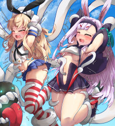 Rule 34 | 2girls, animal ears, armpits, arms up, ass, azur lane, bakasp-lilzy, bare legs, bikini over clothes, black hairband, black panties, black skirt, blonde hair, blue skirt, blue sky, blush, breasts, closed eyes, covered navel, crop top, elbow gloves, enemy naval mine (kancolle), gloves, hairband, highleg, highleg panties, highres, historical name connection, jacket, kantai collection, long hair, miniskirt, multiple girls, name connection, navel, navel insertion, open mouth, outdoors, panties, pleated skirt, rabbit ears, red thighhighs, restrained, rudder footwear, sailor collar, school uniform, serafuku, shimakaze (azur lane), shimakaze (kancolle), skirt, sky, small breasts, striped clothes, striped thighhighs, sweat, tentacles, thighhighs, tickling, tickling armpits, tickling legs, tickling navel, tickling stomach, tongue, tongue out, trembling, underboob, underwear, white gloves, white hair, white thighhighs