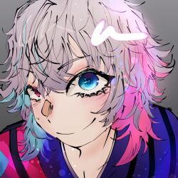 Rule 34 | 1boy, artist request, blue eyes, blue hair, blush, clown, colorful, gavis bettel, grey background, grey hair, heterochromia, highres, holostars, holostars english, jacket, jester, looking at viewer, multicolored hair, non-web source, pink eyes, pink hair, pink jacket, purple jacket, source request, sparkle, sparkling eyes, sweat, virtual youtuber