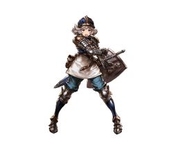 Rule 34 | 10s, 1girl, armor, armored boots, bag, belt, blue armor, blue eyes, boots, breastplate, farrah (granblue fantasy), full body, gauntlets, granblue fantasy, helmet, holding, minaba hideo, open mouth, shield, short hair, simple background, solo, thighhighs, transparent background, weapon, white hair