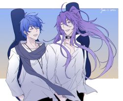 Rule 34 | 2boys, belt collar, blue hair, blue scarf, collar, commentary, closed eyes, hands in pockets, instrument case, instrument on back, kaito (vocaloid), kamui gakupo, long hair, looking at another, male focus, multiple boys, one eye closed, open mouth, ponytail, purple eyes, purple hair, scarf, shirt, smile, standing, upper body, vocaloid, white shirt, yinnnn