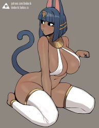 Rule 34 | 1girl, animal crossing, animal ears, ankha (animal crossing), arched back, artist logo, bare shoulders, barefoot, between legs, black eyes, black hair, blunt bangs, bottomless, breasts, cat ears, cat tail, cleavage, closed mouth, commentary, convenient arm, dark-skinned female, dark skin, donburi (donburikazoku), fanbox username, grey background, hair ornament, hand between legs, highres, huge breasts, humanization, large breasts, looking to the side, nail polish, navel, nintendo, patreon username, paw pose, short hair, sitting, skindentation, solo, tail, tail raised, thighhighs, thighs, usekh collar, wariza, watermark, web address
