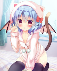 Rule 34 | 1girl, animal hood, bat wings, bed sheet, black thighhighs, blue hair, blush, cat hood, cat tail, claw pose, collarbone, commentary request, curtains, fingernails, hair between eyes, hand up, heart, heart-shaped pupils, hood, hood up, hoodie, indoors, leaning forward, long sleeves, looking at viewer, no shoes, parted lips, pink hoodie, pink wings, red eyes, remilia scarlet, rikatan, seiza, sitting, solo, symbol-shaped pupils, tail, thighhighs, touhou, window, wings