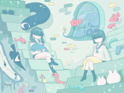 Rule 34 | 2girls, abstract, air bubble, arm support, awaya yawako, bird, blue eyes, blue hair, blue neckerchief, blue sailor collar, blue socks, brick wall, bubble, closed eyes, closed mouth, commentary request, dot mouth, english text, fish, flower, highres, holding, kneehighs, long hair, long sleeves, looking at viewer, multiple girls, neckerchief, original, plant, potted plant, round window, sailor collar, school uniform, serafuku, shirt, short hair, sitting, skirt, socks, stairs, tears, twintails, underwater, water, window