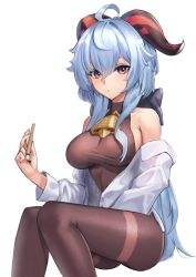 Rule 34 | 1girl, absurdres, ahoge, alternate costume, bare shoulders, bell, black pantyhose, blouse, blue hair, bow, breasts, cowbell, detached sleeves, ganyu (genshin impact), genshin impact, hair bow, half-closed eyes, highres, horns, large breasts, long hair, looking at viewer, lordol, neck bell, off shoulder, open clothes, open shirt, paintbrush, pantyhose, purple eyes, shirt, simple background, sitting, solo, unbuttoned, unbuttoned shirt, white background, white shirt