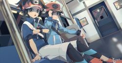 Rule 34 | 2boys, :o, baseball cap, brown hair, closed mouth, commentary, creatures (company), game freak, hand on headwear, hat, highres, hilbert (pokemon), holding, holding poke ball, jacket, leggings, long sleeves, looking at viewer, male focus, moji (ld ipx), multiple boys, nate (pokemon), nintendo, open mouth, pants, poke ball, poke ball (basic), pokemon, pokemon bw, pokemon bw2, pole, red headwear, shoes, short sleeves, sitting, symbol-only commentary, tongue, train interior, visor cap, zipper pull tab