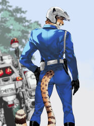 Rule 34 | 1boy, ass, black footwear, black gloves, blue background, blue suit, body fur, brown fur, cheetah boy, cheetah tail, closed mouth, formal, from behind, furry, furry male, gloves, helmet, highres, long sleeves, looking to the side, male focus, mamemo (daifuku mame), motor vehicle, motorcycle, motorcycle helmet, original, outdoors, police, police motorcycle, police uniform, red eyes, solo, standing, suit, uniform