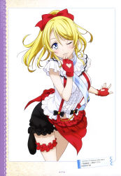 Rule 34 | 10s, 1girl, absurdres, ayase eli, blonde hair, blouse, blue eyes, bokura wa ima no naka de, bow, bridal garter, clothing cutout, finger to mouth, fingerless gloves, gloves, hair bow, heart cutout, high ponytail, highres, long hair, looking at viewer, love live!, love live! school idol project, one eye closed, otono natsu, red bow, red gloves, shirt, shorts, smile, solo, white shirt