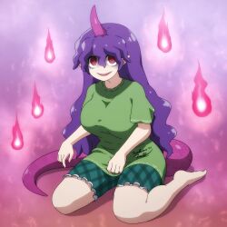 Rule 34 | 1girl, @ @, bags under eyes, breasts, highres, horns, kneeling, large breasts, long hair, looking at viewer, open mouth, pointy ears, purple hair, red eyes, shirosato, shirt, short sleeves, shorts, simple background, single horn, smile, solo, tail, tenkajin chiyari, touhou, unfinished dream of all living ghost