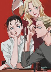 Rule 34 | 1boy, 2girls, adam&#039;s apple, applying makeup, aqua eyes, black hair, blonde hair, blue eyes, closed mouth, dreadlocks, ear piercing, earrings, elbows on table, eyelashes, grey shirt, hair pulled back, hand on own cheek, hand on own face, hand up, head rest, head tilt, highres, jewelry, lipstick, long hair, looking ahead, looking at another, makeup, mascara wand, meitantei conan, mirror, mizunashi rena, multiple girls, parted bangs, parted lips, piercing, pinga (meitantei conan), profile, red background, red lips, roru (lol dessin), shirt, signature, simple background, sleeves rolled up, stud earrings, undercut, upper body, vermouth (meitantei conan), white shirt