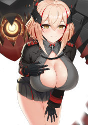 Rule 34 | 1girl, absurdres, azur lane, black jacket, black skirt, breasts, cleavage, cowboy shot, hand on own chest, headgear, highres, jacket, large breasts, leaning forward, light brown hair, looking at viewer, mechanical hands, medium hair, miniskirt, non-humanoid robot, partially unbuttoned, red hair, rihua (shichangcwy), robot, robot animal, roon (azur lane), simple background, skirt, solo, standing, white background, yellow eyes