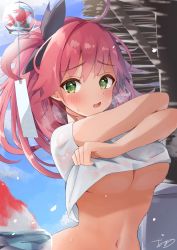 Rule 34 | 1girl, ahoge, amayo (amayo000), black ribbon, blush, breasts, breath, clothes lift, cloud, food, green eyes, hair ribbon, hololive, large breasts, lifting own clothes, long hair, looking at viewer, navel, no bra, one side up, open mouth, outdoors, pink hair, ribbon, sakura miko, shaved ice, shirt, shirt lift, sky, solo, sweat, underboob, upper body, virtual youtuber, wet, wet clothes, white shirt, wind chime