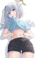 Rule 34 | 1girl, amane kanata, angel wings, asymmetrical bangs, asymmetrical hair, black shorts, blue hair, blush, bob cut, clothes in mouth, clothes lift, colored inner hair, commentary, eyes visible through hair, feathered wings, grey hair, hair over one eye, halo, hand on own stomach, highres, hololive, hopepe, knees out of frame, lifted by self, looking at viewer, lying, midriff, mini wings, mouth hold, multicolored hair, navel, on back, pink hair, pp tenshi t-shirt, purple eyes, shirt, shirt in mouth, shirt lift, short hair, shorts, simple background, single hair intake, solo, star halo, stomach, streaked hair, t-shirt, virtual youtuber, white background, white wings, wings