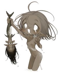 Rule 34 | 2girls, antenna hair, arm up, artist name, black hair, blood, breasts, brown eyes, brown hair, cannibalism, completely nude, cowboy shot, dark-skinned female, dark skin, dripping eye, drooling, fins, gills, guro, hands on own cheeks, hands on own face, highres, injury, ishida umi, lifting person, looking at viewer, medium hair, mermaid, mini person, minigirl, monster girl, mouth drool, multiple girls, navel, no nipples, nude, open mouth, original, pointy ears, scales, simple background, size difference, small breasts, standing, twitter username, upside-down, v, wading, watermark, wet, white background, white blood, white eyes