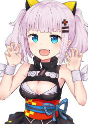 Rule 34 | 1girl, absurdres, bad id, bad pixiv id, bare shoulders, black dress, blue eyes, blunt bangs, breasts, claw pose, cleavage, cleavage cutout, clothing cutout, cowboy shot, cross hair ornament, dress, fang, hair ornament, hairclip, highres, kaguya luna, large breasts, light purple hair, looking at viewer, obi, open mouth, pnkt3537, ribbon, sash, sidelocks, simple background, solo, the moon studio, virtual youtuber, white background, white ribbon, wrist ribbon