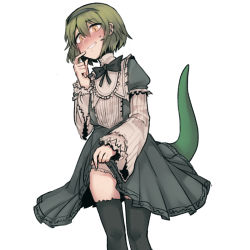 Rule 34 | 1boy, bill (black souls), black souls, bow, bulge, crossdressing, dress, green hair, grey bow, grey dress, grey hairband, hairband, hand up, highres, lifting own clothes, lizard tail, long sleeves, male focus, nyong nyong, orange eyes, panties, puffy sleeves, short hair, simple background, slit pupils, smile, solo, tail, thighhighs, trap, underwear, white background, white panties