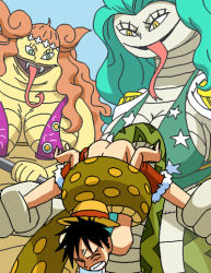 Rule 34 | 1boy, 2girls, anal, black hair, boa marigold, boa sandersonia, bottomless, dboy, femdom, green hair, hetero, holding legs, long tongue, monkey d. luffy, multiple girls, one piece, rape, tentacles, tentacles on male, tongue, tongue out, undressing