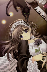 Rule 34 | 1girl, absurdres, bass clef, beamed quavers, black nails, brown hair, cat, choker, crotchet rest, flat sign, flower, frills, gathers, gothic lolita, grand piano, headdress, highres, instrument, jewelry, keyboard, lace, light particles, lolita fashion, long hair, musical note, nail art, nail polish, piano, ring, rose, sheet music, solo, suzuhira hiro, treble clef