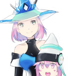 Rule 34 | 2girls, blush stickers, duel monster, green eyes, hat, looking at viewer, multiple girls, open mouth, pink eyes, pink hair, simple background, smile, tuning magician, white background, white headwear, white wing magician, witch hat, yu-gi-oh!, yuu-gi-ou, yu-gi-oh! duel monsters