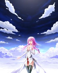 Rule 34 | 10s, 1girl, absurdres, bare shoulders, breasts, center opening, cleavage, cloud, cloudy sky, detached sleeves, closed eyes, guilty crown, hair ornament, hairclip, hand on own chest, highres, long hair, music, open mouth, pink hair, singing, sky, small breasts, solo, thighhighs, twintails, xsk (ruanmumu), yuzuriha inori
