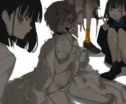 Rule 34 | 4girls, :d, black choker, black footwear, black hair, blue legwear, blush stickers, bob cut, bow, bow bra, bow panties, bra, breasts, choker, closed mouth, cup, closed eyes, food in mouth, from behind, grey hair, hair ornament, hairclip, holding, lab coat, looking at viewer, looking back, mouth hold, multiple girls, narue, open mouth, orange footwear, original, panties, red eyes, shoes, sideways glance, simple background, sitting, small breasts, smile, socks, squatting, underwear, v, wariza, white background, white bra, white panties, wide-eyed
