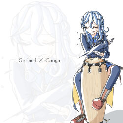 Rule 34 | 1girl, black necktie, blue hair, blue shirt, blue skirt, blue thighhighs, closed eyes, collared shirt, conga drums, gloves, gotland (kancolle), gotland kai (kancolle), hair bun, half gloves, instrument, kantai collection, long hair, military, military uniform, mole, mole under eye, music, necktie, playing instrument, shirt, single hair bun, skirt, solo, tatahai, thighhighs, uniform, white gloves