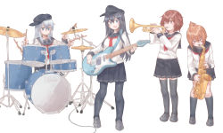 Rule 34 | &gt; &lt;, 4girls, akatsuki (kancolle), anchor symbol, az toride, badge, black sailor collar, black skirt, black socks, blue eyes, blue hair, brown eyes, brown hair, character name, closed eyes, closed mouth, commentary request, drum, drum set, drumsticks, flat cap, folded ponytail, grey footwear, guitar, hair between eyes, hair ornament, hairclip, hat, hibiki (kancolle), holding, holding instrument, ikazuchi (kancolle), inazuma (kancolle), instrument, kantai collection, kneehighs, light brown hair, loafers, long hair, long sleeves, multiple girls, neckerchief, one eye closed, open mouth, pantyhose, pleated skirt, red neckerchief, sailor collar, saxophone, school uniform, serafuku, shirt, shoes, short hair, silver hair, simple background, skirt, socks, thighhighs, trumpet, white background, white shirt