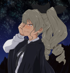 Rule 34 | 1girl, ada badguy, anchovy (girls und panzer), anzio school uniform, black cape, black necktie, black ribbon, cape, closed mouth, commentary, crying, crying with eyes open, dress shirt, drill hair, from side, frown, girls und panzer, green hair, hair ribbon, half-closed eyes, highres, long hair, long sleeves, looking to the side, necktie, night, night sky, outdoors, red eyes, ribbon, school uniform, shirt, sky, solo, star (sky), starry sky, tearing up, tears, twin drills, twintails, white shirt, wing collar, wiping tears