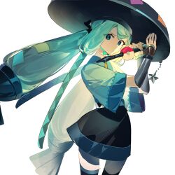 Rule 34 | 1girl, absurdres, aqua hair, black thighhighs, blue eyes, creatures (company), ershuihe, flute, game freak, hat, hatsune miku, highres, holding, holding instrument, instrument, japanese clothes, long hair, looking at viewer, nintendo, poke flute, pokemon, project voltage, sandogasa, simple background, skirt, solo, star (symbol), steel miku (project voltage), thighhighs, twintails, very long hair, vocaloid, white background, wide sleeves