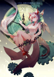 Rule 34 | 1girl, blonde hair, blue eyes, character name, claws, clock, clock hands, dragon girl, dragon horns, dragon tail, dragon wings, dress, floating, gears, gloves, hair ribbon, highres, horns, myr (p&amp;d), puzzle &amp; dragons, ribbon, short hair, solo, tail, vienri, white dress, white gloves, wings