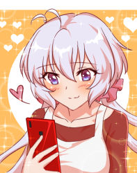 Rule 34 | 1girl, ahoge, axia-chan, blue eyes, blush, brown shirt, cellphone, closed mouth, collarbone, floating hair, hair between eyes, heart, highres, holding, holding phone, long hair, phone, senki zesshou symphogear, shirt, silver hair, smartphone, smile, solo, sparkle, upper body, very long hair, yellow background, yukine chris