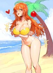 Rule 34 | 1girl, arms under breasts, bare shoulders, beach, bikini, blue sky, blush, breasts, cleavage, cloud, cloudy sky, coconut tree, commission, day, hair between eyes, heart, highres, joy (shenmue), large breasts, leaning forward, long hair, looking at viewer, midriff, navel, open mouth, orange eyes, orange hair, outdoors, palm tree, second-party source, sega, shenmue, shenmue ii, shenmue the animation, sidelocks, sky, smile, solo, string bikini, swimsuit, thighs, topsu, tree, waves, yellow bikini