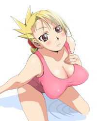 Rule 34 | 00s, 1girl, bad id, bad pixiv id, blonde hair, breasts, cleavage, folded ponytail, from above, fullmetal alchemist, large breasts, legs, sagging breasts, maaru, one-piece swimsuit, pointy breasts, red eyes, riza hawkeye, solo, swimsuit, thighs