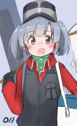 Rule 34 | 1girl, black gloves, black vest, cooler, gloves, grey background, grey hair, hat, highres, jacket, kantai collection, long hair, looking at viewer, ma rukan, ooshio (kancolle), open mouth, purple eyes, red jacket, short twintails, simple background, smile, smokestack, solo, track jacket, twintails, upper body, vest