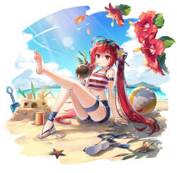 Rule 34 | 1girl, ahoge, arm strap, arm support, ass, ball, bare legs, bare shoulders, barefoot, beach, beachball, blue shorts, bright pupils, closers, coconut, crop top, crop top overhang, denim, denim shorts, drinking, drinking straw, exposed pocket, eyewear on head, feet, flower, hair flower, hair ornament, halterneck, heart, heart-shaped eyewear, hibiscus, highres, holding, knees up, leg ribbon, leg up, legs, long hair, looking down, midriff, nail polish, official art, red eyes, red hair, red shirt, ribbon, sand castle, sand sculpture, sandals, seth (closers), shirt, short shorts, shorts, sitting, sleeveless, sleeveless shirt, solo, spaghetti strap, stomach, striped clothes, striped shirt, sunglasses, thighs, toenail polish, toenails, toes, twintails, very long hair