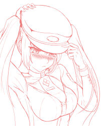Rule 34 | adjusting clothes, adjusting headwear, blush, breasts, embarrassed, frown, goddess of victory: nikke, hat, highres, jacket, looking down, medium breasts, military hat, military uniform, monochrome, norpanorpanorpa, peaked cap, privaty (nikke), twintails, uniform