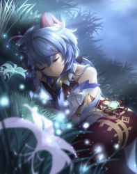 Rule 34 | absurdres, ahoge, andreas meidy, bare shoulders, bell, black gloves, black legwear, blue flower, blue hair, breasts, chinese knot, closed eyes, curled horns, detached sleeves, flower, flower knot, ganyu (genshin impact), genshin impact, gloves, glowing, glowing flower, gold trim, grass, highres, horns, long hair, lying, night, on side, outdoors, sleeping, solo, tassel, thighlet, vision (genshin impact), white sleeves