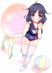 Rule 34 | 10s, 1girl, ball, beachball, highres, kantai collection, long hair, low twintails, necktie, purple hair, red eyes, school swimsuit, solo, swimsuit, taigei (kancolle), thighhighs, towel, twintails, yamanashi