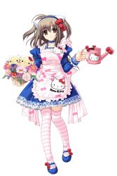 Rule 34 | 1girl, absurdres, animal ears, apron, bouquet, bow, brown eyes, brown hair, cat ears, dress, flower, hello kitty, hello kitty to issho!, highres, mary janes, nishimata aoi, sanrio, shoes, simple background, striped clothes, striped thighhighs, thighhighs, two side up, watering can