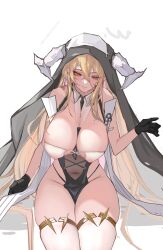 1girl absurdres azur_lane bare_shoulders black_gloves blonde_hair breasts chinese_commentary cleavage covered_erect_nipples covered_navel fake_horns gloves hair_between_eyes highres horns implacable_(azur_lane) large_breasts long_hair long_hair_between_eyes panty_straps pelvic_curtain red_eyes revealing_clothes simple_background sitting solo thighhighs two-tone_dress variant_set veil very_long_hair white_background white_horns white_thighhighs yaoshan_shi