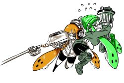 Rule 34 | 2girls, :p, artist name, beanie, blunt bangs, blush, boots, carrying over shoulder, crazy (zoza), e-liter 3k (splatoon), embarrassed, fangs, fireman&#039;s carry, flying sweatdrops, gatling gun, green eyes, green hair, gun, hat, headphones, holding, holding weapon, hood, hoodie, inkling, inkling girl, inkling player character, jacket, jumping, long hair, long sleeves, looking at another, looking back, minigun, multiple girls, nintendo, off shoulder, orange eyes, orange hair, partially colored, pointy ears, pudding (zoza), rifle, shorts, signature, single vertical stripe, sniper rifle, splatoon (series), splatoon 1, sweatdrop, tank top, tentacle hair, tongue, tongue out, weapon, zoza
