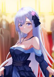 Rule 34 | 1girl, absurdres, blue dress, blue eyes, blue hair, blush, braid, breasts, cleavage, closed mouth, dress, euphyllia magenta, flower, hair flower, hair ornament, hair ribbon, highres, indoors, jewelry, large breasts, long hair, looking at viewer, necklace, netillustrator, ribbon, smile, solo, tensei oujo to tensai reijou no mahou kakumei, upper body
