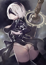 Rule 34 | 1girl, ass, black dress, blindfold, breasts, dress, from behind, gloves, hairband, highres, mole, mole under mouth, nier (series), nier:automata, panties, parted lips, short dress, short hair, sideboob, solo, sword, thighhighs, underwear, weapon, white hair, wtcolor, 2b (nier:automata)