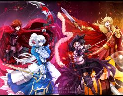 Rule 34 | 4girls, absurdres, archer (fate), archer (fate) (cosplay), armor, artoria pendragon (all), artoria pendragon (fate), assassin (fate/zero), assassin (fate/zero) (cosplay), black hair, blake belladonna, blonde hair, blue dress, blue eyes, bow, bow (weapon), breastplate, cape, compound bow, copyright name, cosplay, cross, crossover, dishwasher1910, dress, english text, excalibur (fate/stay night), eyes visible through hair, fate/stay night, fate/zero, fate (series), fingerless gloves, fur-trimmed cape, fur trim, gauntlets, gloves, grey eyes, hair between eyes, hair bow, highres, holding, holding sword, holding weapon, huge filesize, iskandar (fate), lens flare, light particles, long hair, mask, multiple girls, pantyhose, ponytail, pteruges, purple eyes, red cape, red hair, reverse grip, rider (fate/zero) (cosplay), ruby rose, rwby, saber (fate), saber (fate) (cosplay), scar, scar across eye, scar on face, short hair, standing, sword, vambraces, weapon, weiss schnee, white hair, yang xiao long, yellow eyes