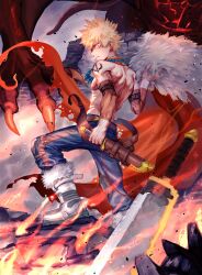 Rule 34 | 1boy, 2nd popularity poll (boku no hero academia), alternate universe, bakugou katsuki, belt, birthday, blonde hair, blue pants, blurry, boku no hero academia, boots, brown belt, cape, claws, closed mouth, clothing request, commentary, cropped, dragon, earrings, fanny pack, fantasy, fire, floating cape, from behind, full body, fur-trimmed boots, fur-trimmed cape, fur trim, greatsword, grey footwear, hand on hilt, hand up, highres, holding, holding cape, holding clothes, knee pads, looking at viewer, looking back, male focus, milmil (wa ten&#039;nendesu), no shirt, official alternate costume, out of frame, outdoors, pants, planted, planted sword, planted weapon, red cape, red eyes, rock, sanpaku, sheath, sheathed, short hair, short sword, sideways mouth, smoke, solo, spiked hair, standing, stepping, sword, tooth earrings, torn cape, torn clothes, triangle print, weapon, wide-eyed